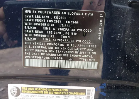 2011 Volkswagen Touareg Vr6 Lux from USA, damaged, VIN WVGFF9BP0BD002958